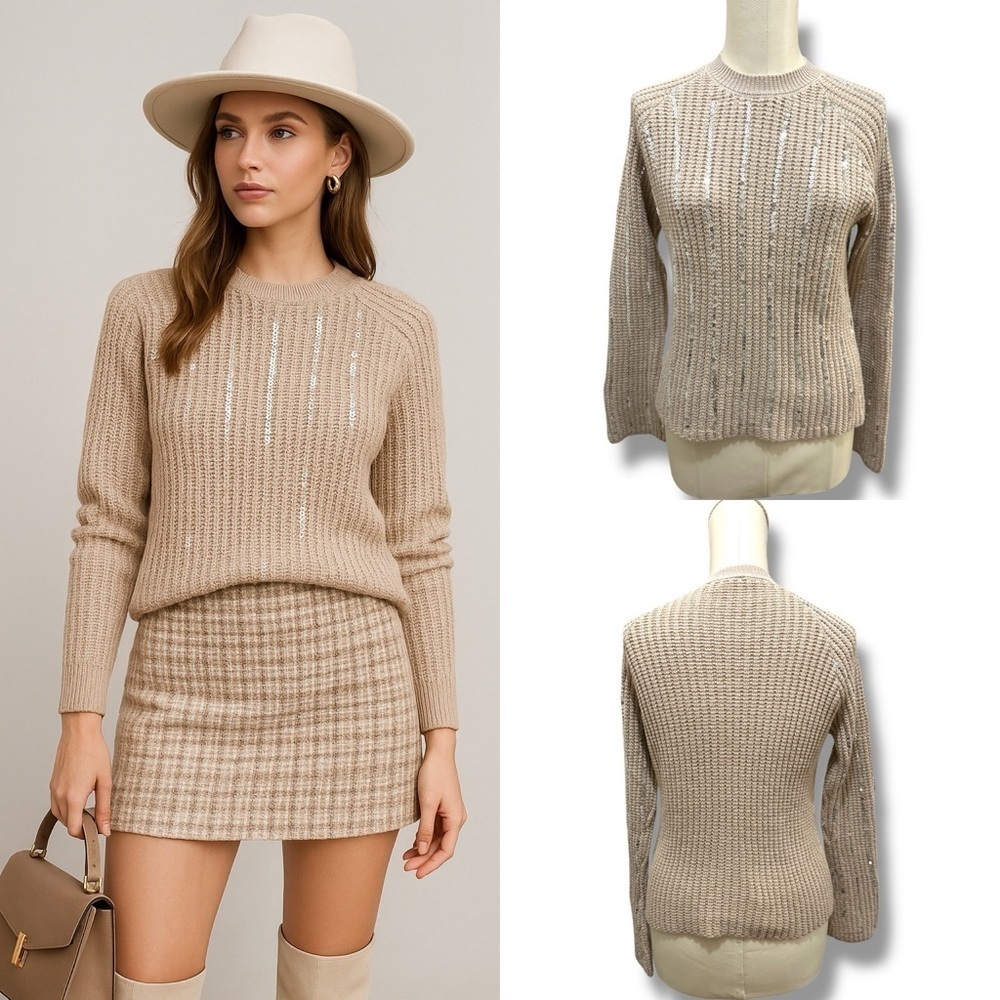 297 Nanette Lepore | NWOT Beige Sequin Knit Sweater (Size S)